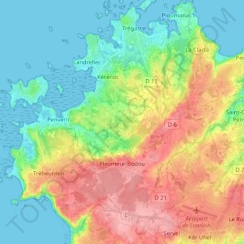 Mapa topográfico Pleumeur-Bodou, altitude, relevo