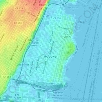 Mapa topográfico Hoboken, altitude, relevo