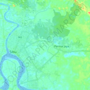 Mapa topográfico Sibu, altitude, relevo