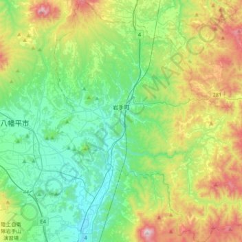 Mapa topográfico 岩手町, altitude, relevo