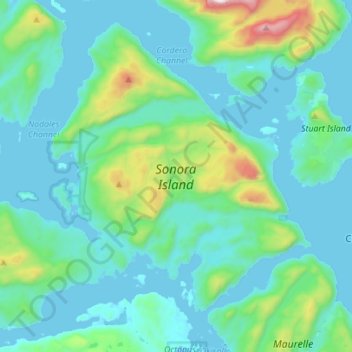 Mapa topográfico Sonora Island, altitude, relevo