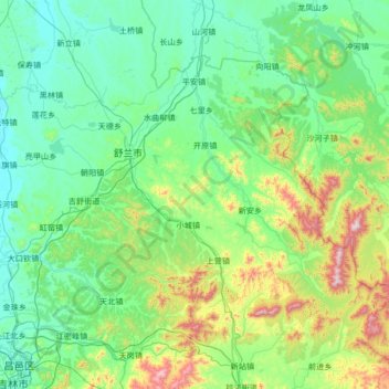 Mapa topográfico 舒兰市, altitude, relevo