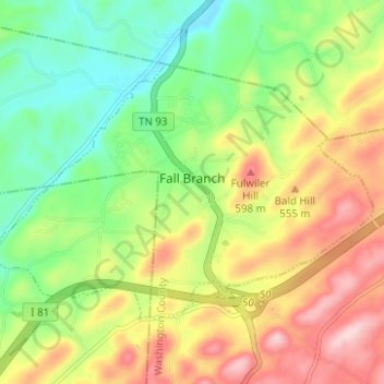 Mapa topográfico Fall Branch, altitude, relevo