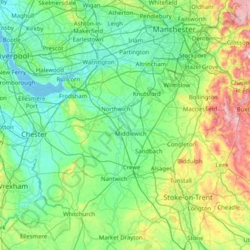 Mapa topográfico Cheshire, altitude, relevo