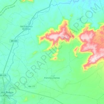 Mapa topográfico Francisco Dantas, altitude, relevo