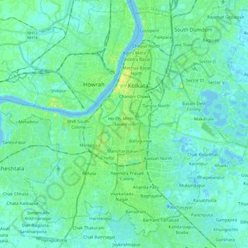 Mapa topográfico Kolkata, altitude, relevo