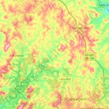 Mapa topográfico Vargem das Flores, altitude, relevo