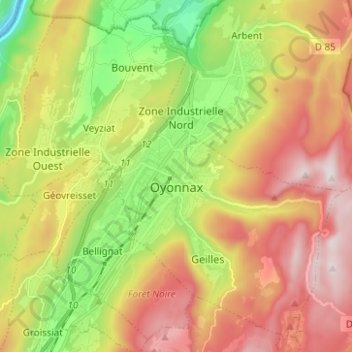 Mapa topográfico Oyonnax, altitude, relevo