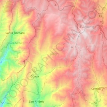 Mapa topográfico Guaca, altitude, relevo