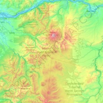 Mapa topográfico Mount Hood National Forest, altitude, relevo
