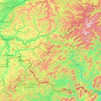 Mapa topográfico Arrondissement du Palatinat-Sud-Ouest, altitude, relevo
