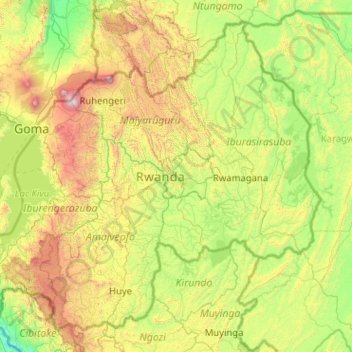 Mapa topográfico Ruanda, altitude, relevo