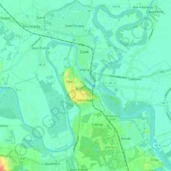 Mapa topográfico Sisak, altitude, relevo