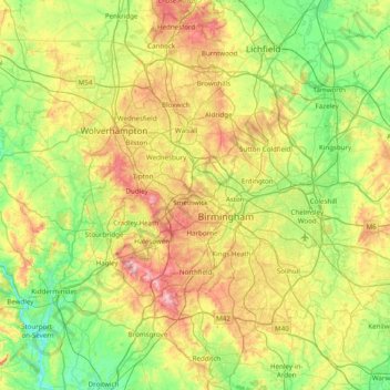 Mapa topográfico West Midlands, altitude, relevo