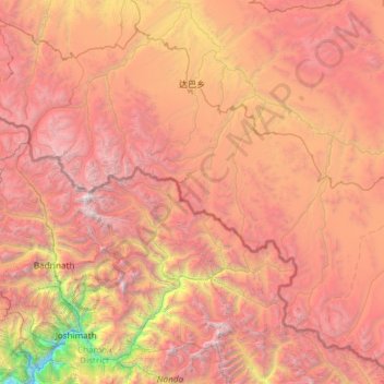 Mapa topográfico 达巴乡, altitude, relevo