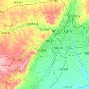 Mapa topográfico 云冈区, altitude, relevo