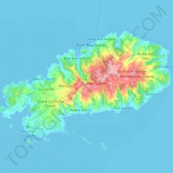 Mapa topográfico Rodrigues, altitude, relevo