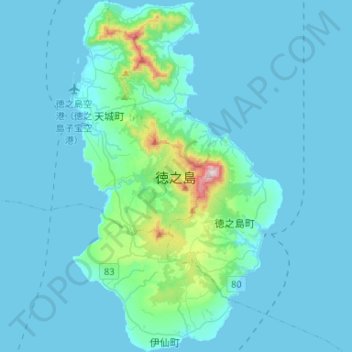 Mapa topográfico Tokunoshima, altitude, relevo