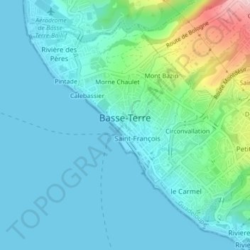 Mapa topográfico Basse-Terre, altitude, relevo