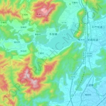 Mapa topográfico 东张镇, altitude, relevo