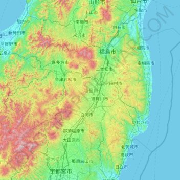 Mapa topográfico 福島県, altitude, relevo