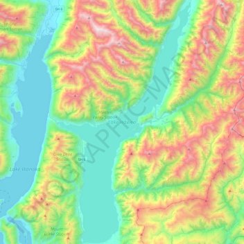 Mapa topográfico Lake Hāwea, altitude, relevo
