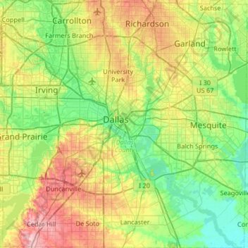Mapa topográfico Dallas County, altitude, relevo