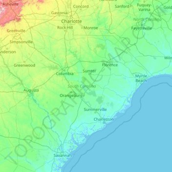 Mapa topográfico Carolina do Sul, altitude, relevo