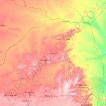 Mapa topográfico Limpopo, altitude, relevo