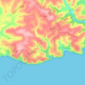 Mapa topográfico Polperro, altitude, relevo