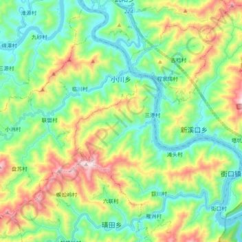 Mapa topográfico 小川乡, altitude, relevo