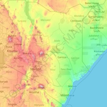 Mapa topográfico Quénia, altitude, relevo