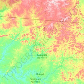 Mapa topográfico Guarantã do Norte, altitude, relevo