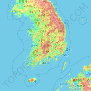 Mapa topográfico Coreia do Sul, altitude, relevo