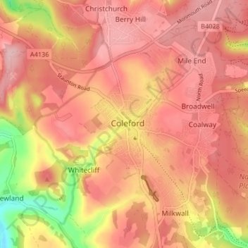 Mapa topográfico Coleford, altitude, relevo