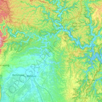 Mapa topográfico Hawkesbury River, altitude, relevo
