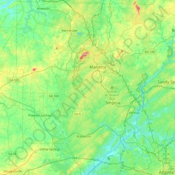 Mapa topográfico Cobb County, altitude, relevo