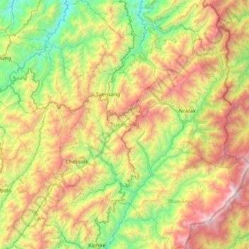 Mapa topográfico Tuensang, altitude, relevo