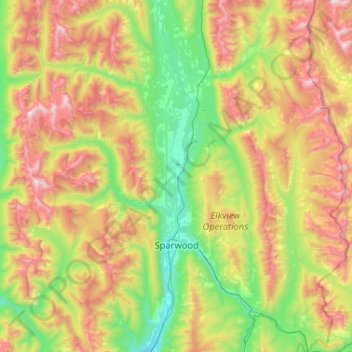 Mapa topográfico Sparwood, altitude, relevo