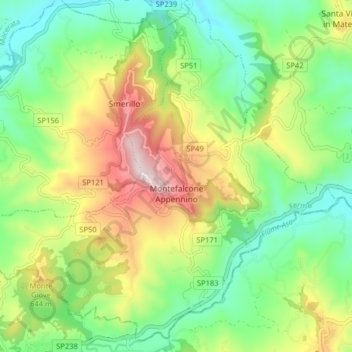 Mapa topográfico Montefalcone Appennino, altitude, relevo