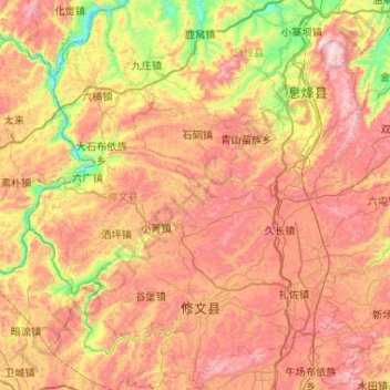 Mapa topográfico 修文县, altitude, relevo