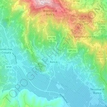Mapa topográfico Roncà, altitude, relevo