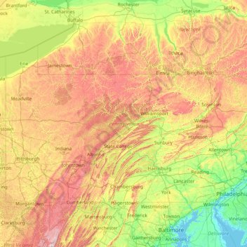 Mapa topográfico Pensilvânia, altitude, relevo