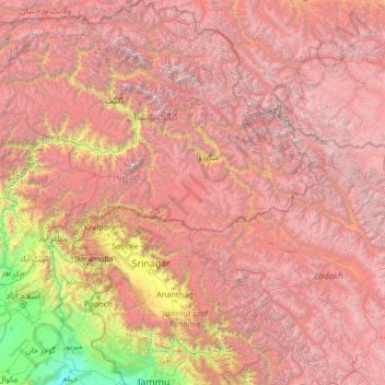 Mapa topográfico Kashmir, altitude, relevo
