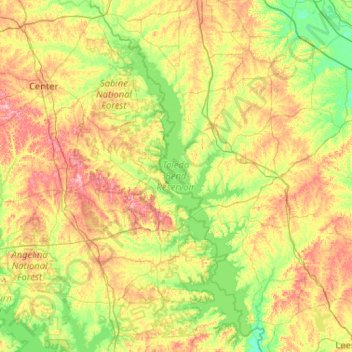 Mapa topográfico Toledo Bend Reservoir, altitude, relevo