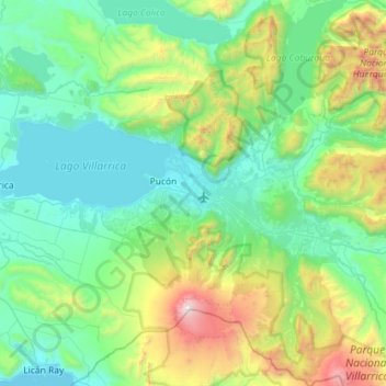 Mapa topográfico Pucón, altitude, relevo