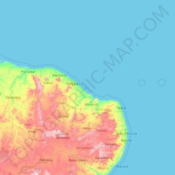 Mapa topográfico Pernambuco, altitude, relevo
