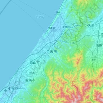 Mapa topográfico 金沢市, altitude, relevo