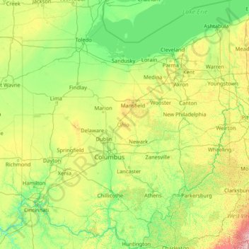 Mapa topográfico Ohio, altitude, relevo