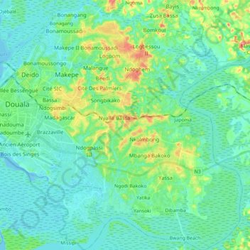 Mapa topográfico Douala III, altitude, relevo